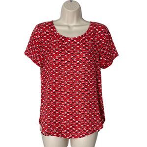 Pleione Short Sleeve Scoop Neck Red Navy And White Geometric Print Blouse‎ Sz XS